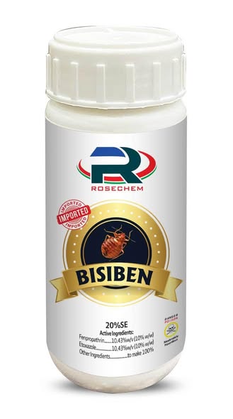 ROSECHEM Bisiben 20% SE insecticide bottle with fenpropathrin and etoxazole