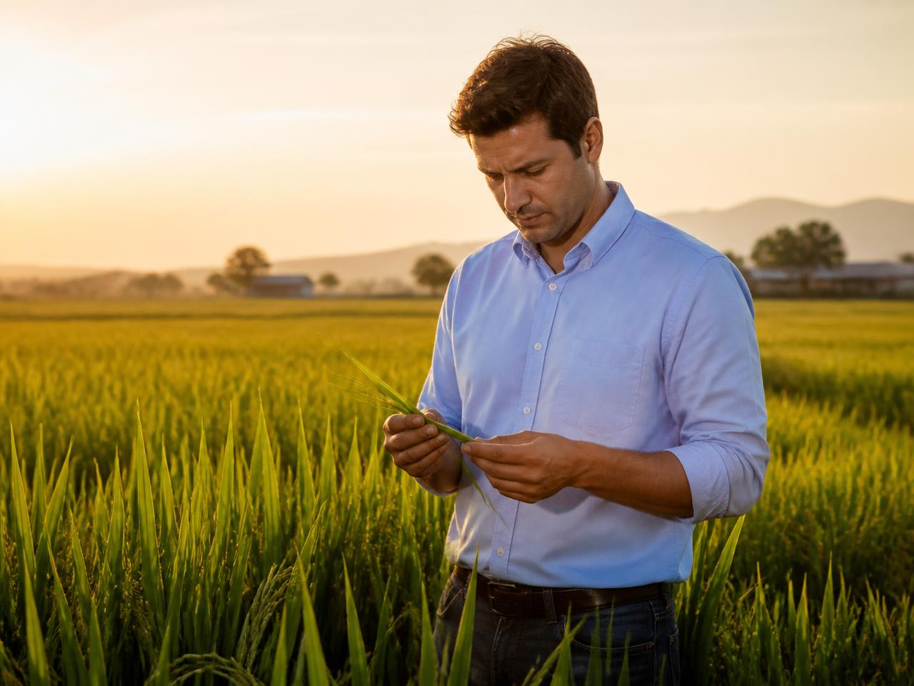 Agronomist inspecting a healthy crop in the field