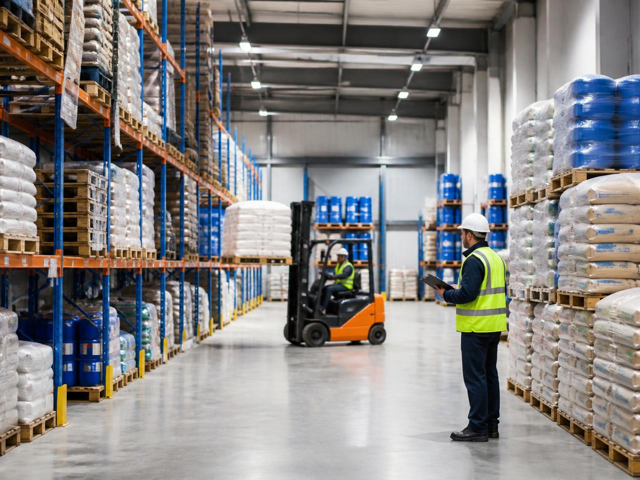 Chemical products stored on pallet racking inside a distribution warehouse